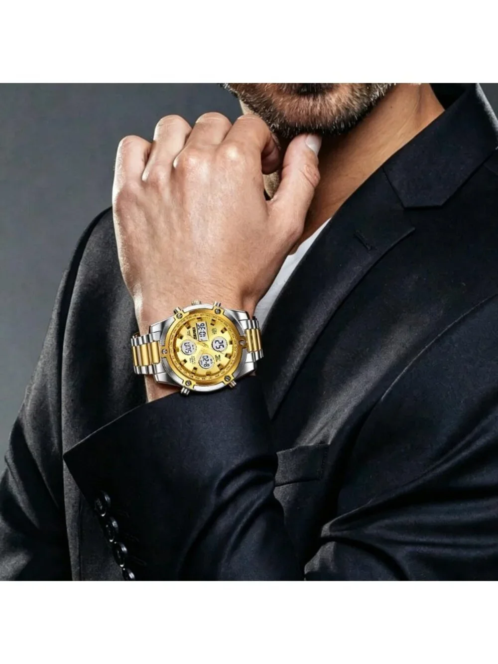 Men’s Two Tone Gold Analog-Digital Stainless Steel Large Face Chronograph Watch